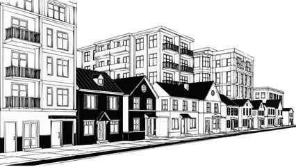 Diverse Urban Street Scene with Residential and Apartment Buildings.