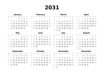 Kalender 2031 mit Wochenzählung, englisch, elegant, erster Wochentag ist Sonntag, Querformat