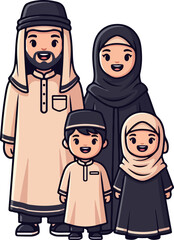 Cute Cartoon Cheerful Muslim Family Vector Illustration