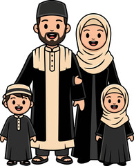 Cute Cartoon Cheerful Muslim Family Vector Illustration