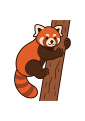 Flat vector illustration of bright red panda climbing tree trunk with paws gripping bark