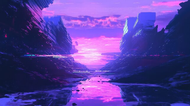 Futuristic valley rendered with sharp geometric forms and vivid neon colors reflecting in a water channel, incorporating data corruption and pixel art elements under a bright sky - Powered by Adobe