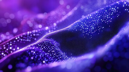 Digital particles creating a dynamic, wavy abstract surface, symbolizing data streams, network connections, and advanced technology in a vibrant purple and blue environment
