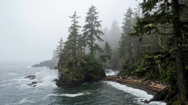 Moody pacific northwest coast with misty waves crashing into forested cliffs and a driftwood-strewn beach, rugged, remote and dramatic wilderness seascape
