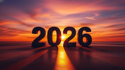 Vibrant 2026 new year s eve beach sunset with orange sky and large number display