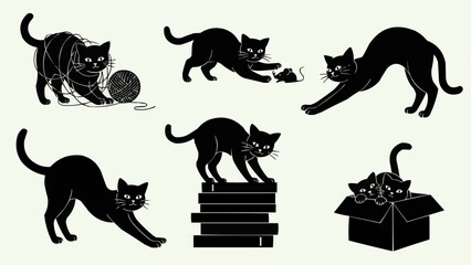 Set of Six Black Cat Silhouettes in Various Playful Poses.