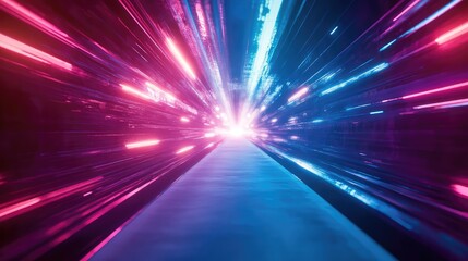 Abstract tunnel showing light speed movement through a futuristic digital pathway, representing fast data transfer, modern technology, and the interconnectedness of cyberspace