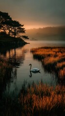 Swan swims in calm water at sunset near trees and grass by the lakeside