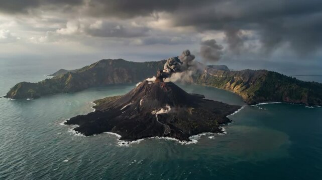 Anak krakatau volcano actively erupting, spewing ash and smoke into the cloudy sky, creating a dramatic natural phenomenon above an island in the middle of the sea