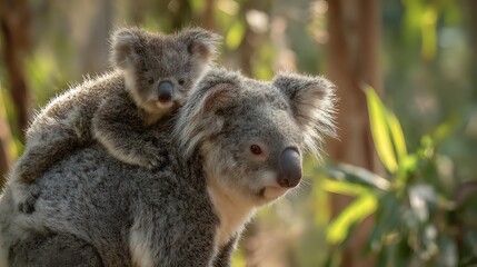 Obraz premium Adorable koala mother carrying baby joey on back in natural eucalyptus forest habitat. Australian marsupial wildlife family bonding moment in wilderness setting.
