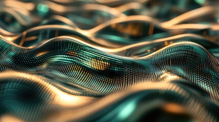 Abstract network of glowing data points forming undulating waves, representing concepts of technology, interconnectedness, fluid digital information, and quantum computing