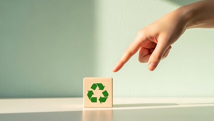 A hand interacting with a recyclable material symbol on a white surface in a greenish room with implications for eco friendly practices