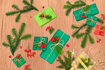 Collection of decorative green Christmas plants and decor