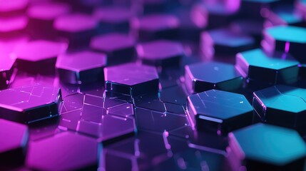 Abstract dark surface of technological hexagons moving together, illuminated by vibrant neon magenta and cyan lights, representing data, digital space, and smart technology