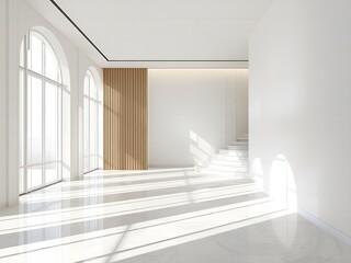 Fototapeta premium Modern white interior with arched windows and staircase