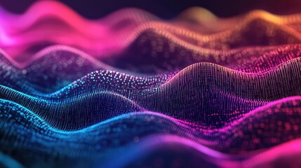 Digital particle waves ripple in vibrant colors, forming an abstract undulating mesh of glowing dots and lines that evoke data networks, sound visualization, and futuristic flow
