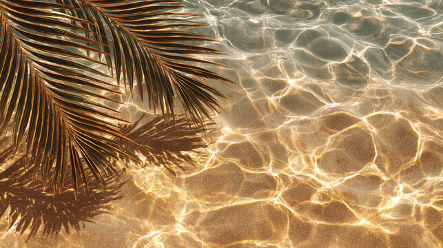 A serene image of sunlight sparkling on the water's surface, with a palm branch gracefully placed in the frame
