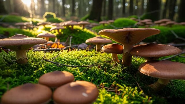 Wild mushrooms thrive on a lush green mossy forest floor. Warm golden sunlight filters through the trees, creating an enchanting natural environment. Perfect for autumn and nature concepts