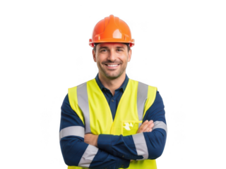 Confident construction worker wearing safety gear and hard hat