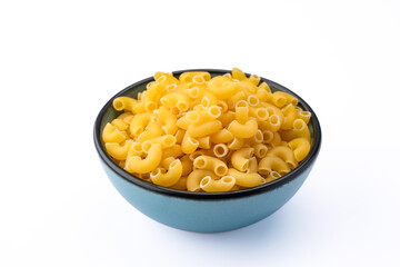 Raw macaroni pasta on white background
