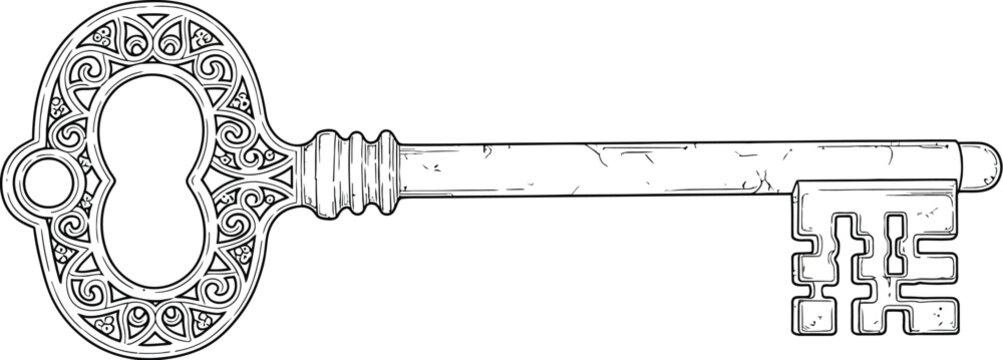 Vintage ornate skeleton key drawing isolated on a clean white background for design