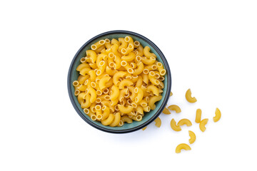 Raw macaroni pasta on white background