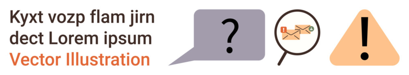 Problem-solving, communication, email analysis, cybersecurity, alerts, question resolution. Speech bubble with question mark, magnified email warning triangle. Problem-solving and communication