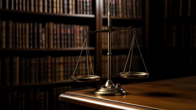 Brass scales of justice on wooden desk in law library with books background for legal services and attorney office decor.