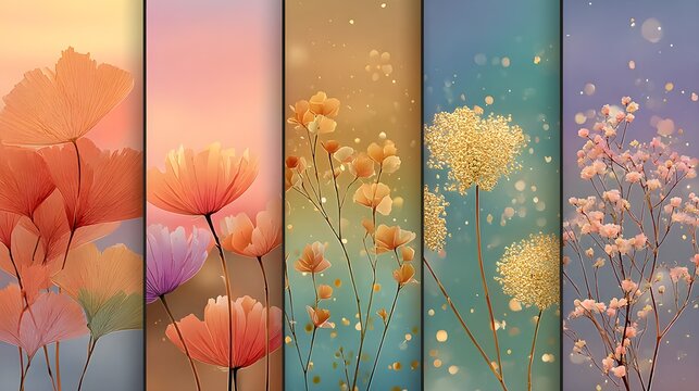 Five vertical panels display delicate abstract floral designs with soft pastel gradients and shimmering bokeh light effects