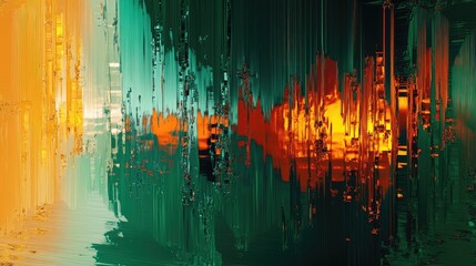 Abstract digital background showing vertical pixel sorting and glitched data effects with vibrant orange, red, and emerald green colors creating a modern texture