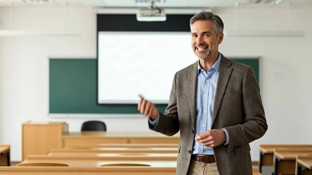 Confident teacher engaging in classroom presentation with projector and chalkboard