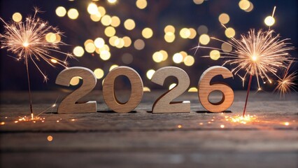 2026 New Year Celebration - Wooden Number Blocks And Fireworks At Eve Night With Abstract Defocused Lights
