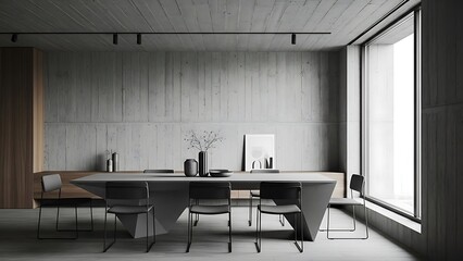 dining room interior in brutalism style exposed raw concrete walls and ceiling with visible textur