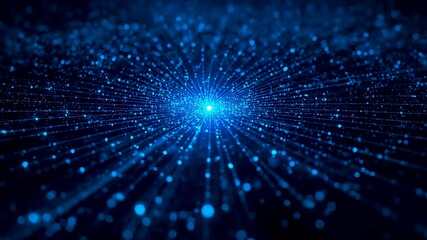 Radiant blue data field converging toward a luminous core with deep perspective showing vast network connectivity and digital information flow - Powered by Adobe