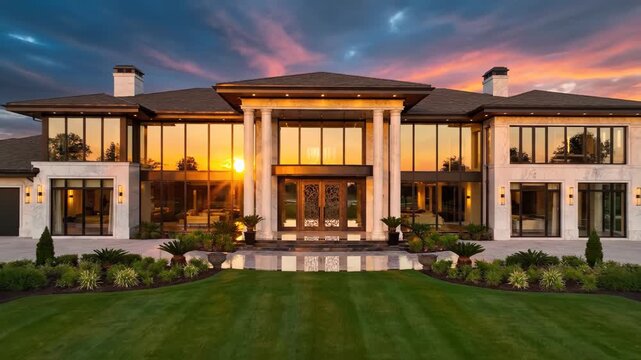 Stunning modern luxury mansion exterior with grand entrance and large windows reflecting a vibrant sunset sky over manicured lawn