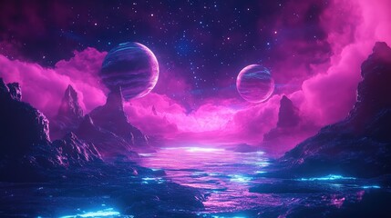 Alien landscape presenting a surreal extraterrestrial world with vibrant pink clouds, glowing blue water, rugged mountains, and distant planets under a starry night