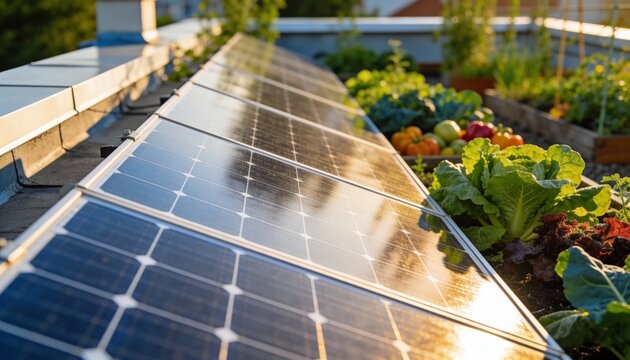 Solar panels installed on a rooftop next to a vibrant urban garden flourishing with fresh vegetables.