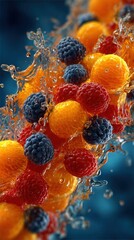 Berries and citrus fruits fall into water creating a splash in a vibrant arrangement of colors and shapes