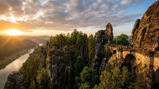 Bastei bridge connecting rock pillars on a misty morning, overlooking the elbe river valley in saxon switzerland national park, germany, showing a dramatic natural and architectural landscape