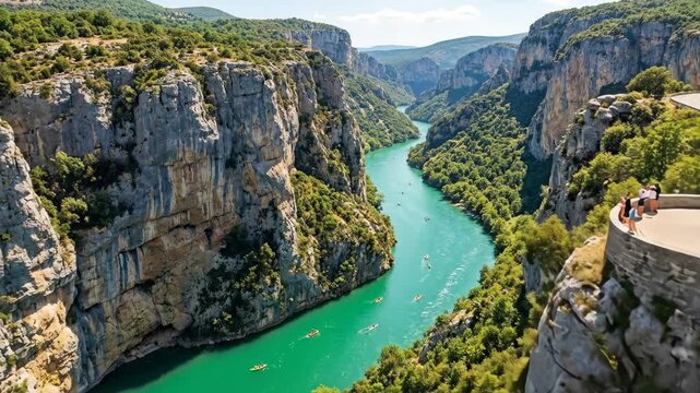 Verdon river creating a deep canyon through rocky mountains and lush vegetation, with people viewing the panorama from a roadside viewpoint and boats navigating the turquoise water