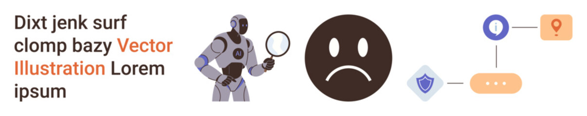 Artificial intelligence, data analysis, problem-solving, network security, emotional intelligence, digital processes. Robot analyzing sad face icon and process diagrams. Data analysis and emotional