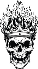 Black and white skull with crown and flames fire