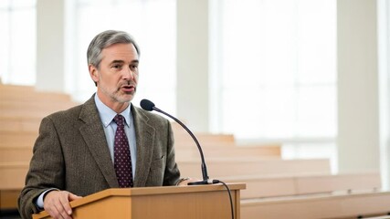 Confident male speaker checks time and addresses audience from podium