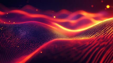 Digital data forming an abstract wavy surface with illuminated particles, creating a conceptual backdrop for technology, network, and communication themes