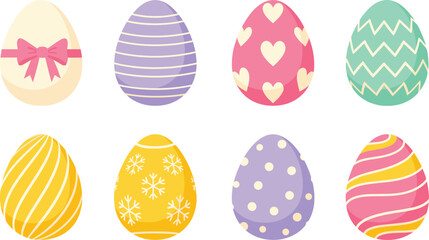 Cute pastel Easter egg vector set with hearts, stripes, bows, and floral patterns, playful spring holiday illustrations isolated on white background