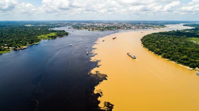 Meeting of waters in manaus, brazil, showing the dark rio negro river flowing alongside the sandy-colored solimoes river without mixing, creating a distinct natural phenomenon