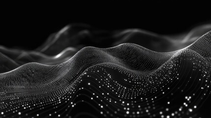 Dark abstract background showing flowing grid of glowing particles and interconnected data points, representing digital technology, big data, artificial intelligence, and network communication