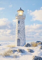 A lighthouse standing tall, guiding ships safely through the sea with the vast blue sky. It is situated in a landscape of snow, adding to its stark beauty