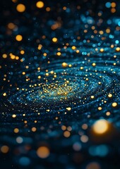 A mesmerizing swirling galaxy of blue and gold light, with stars sparkling in the cosmic void