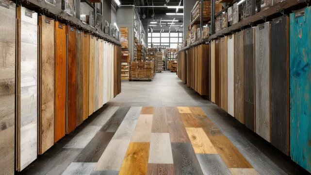 Wide variety of wooden laminate flooring samples displayed in a large hardware store showroom, showing different colors and textures for home renovation and interior design choices